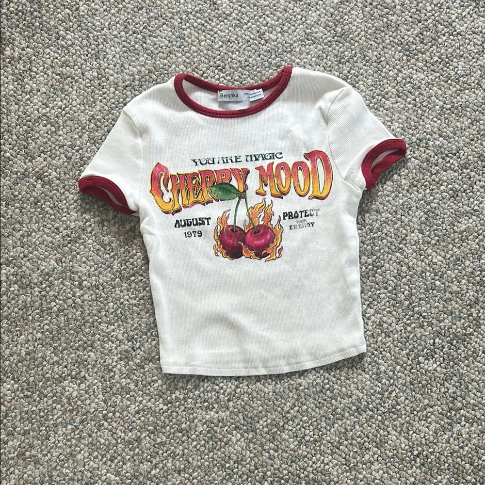 Bershka Cherry Mood Kids Tee - White and Red